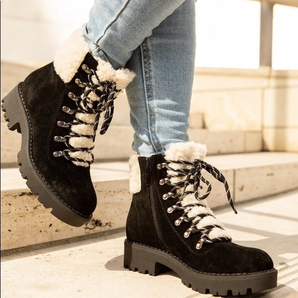 Shoes Nwt Chunky Lace Up Sherpa Fur Hiking Boots Black Poshmark